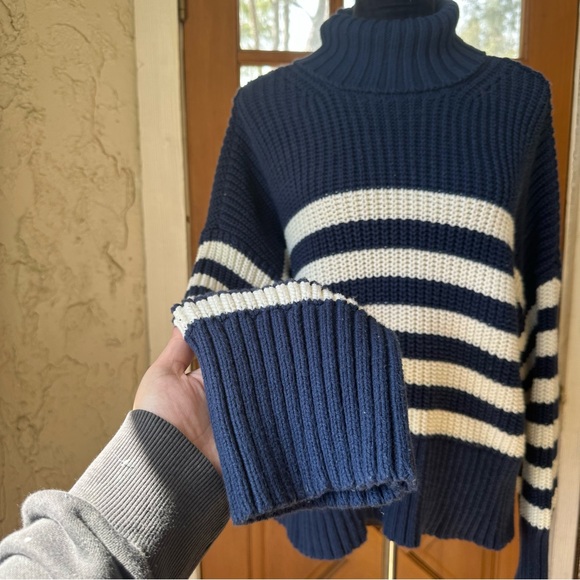 Madewell Striped Knit Navy and White Size XL Turtleneck Chunky Sweater - Picture 9 of 12